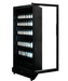 Black upright display fridge with single glass door and five internal shelves, mobile on castors view 2