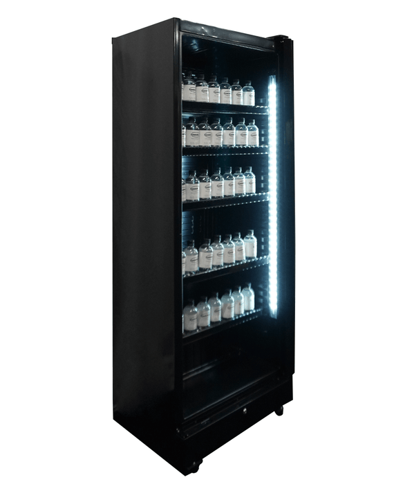 Black upright display fridge with single glass door and five internal shelves, mobile on castors view 4