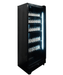 Black upright display fridge with single glass door and five internal shelves, mobile on castors view 4