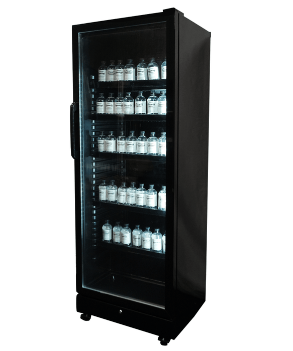 Black upright display fridge with single glass door and five internal shelves, mobile on castors view 3