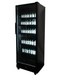 Black upright display fridge with single glass door and five internal shelves, mobile on castors view 3