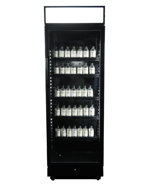 Black upright glass door display fridge with LED lighting and five shelves view 4