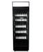 Black upright glass door display fridge with LED lighting and five shelves view 4