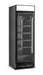 Black upright glass door display fridge with LED lighting and five shelves