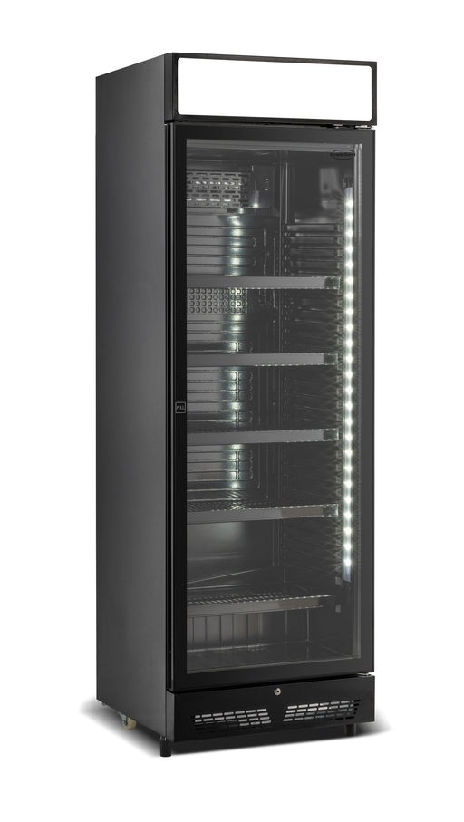 Black upright glass door display fridge with LED lighting and five shelves