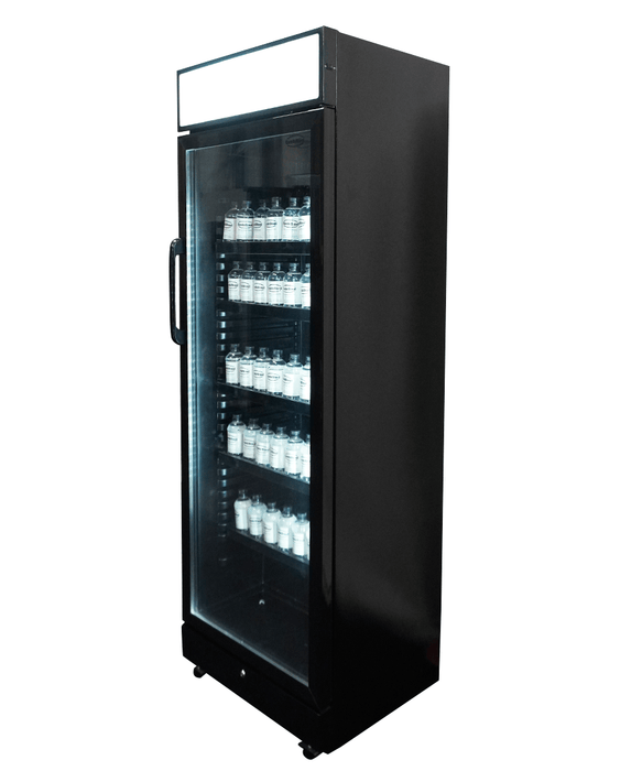 Black upright glass door display fridge with LED lighting and five shelves view 3