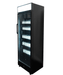 Black upright glass door display fridge with LED lighting and five shelves view 3