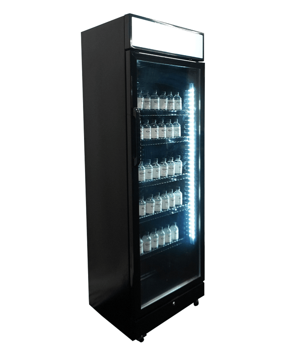 Black upright glass door display fridge with LED lighting and five shelves view 5