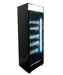 Black upright glass door display fridge with LED lighting and five shelves view 5