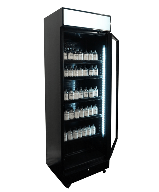 Black upright glass door display fridge with LED lighting and five shelves view 2