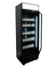 Black upright glass door display fridge with LED lighting and five shelves view 2