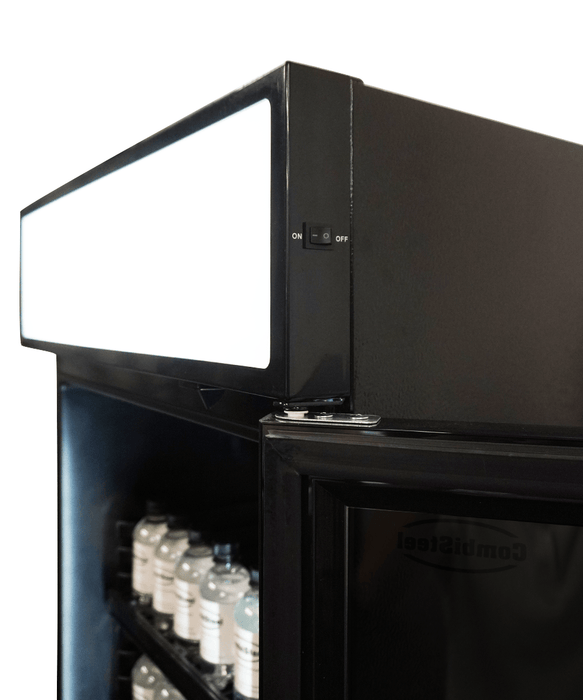 Black upright glass door display fridge with LED lighting and five shelves view 6
