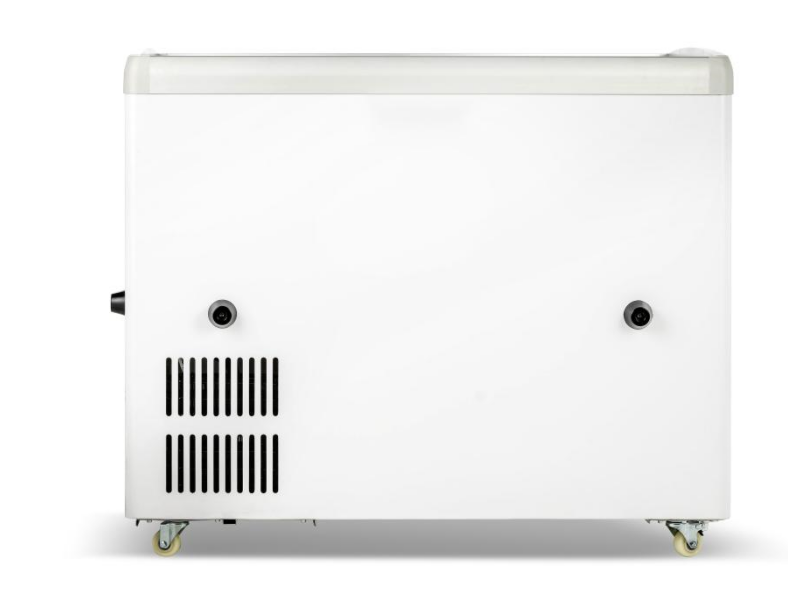 White Combisteel chest freezer with curved glass lid and three internal baskets view 2
