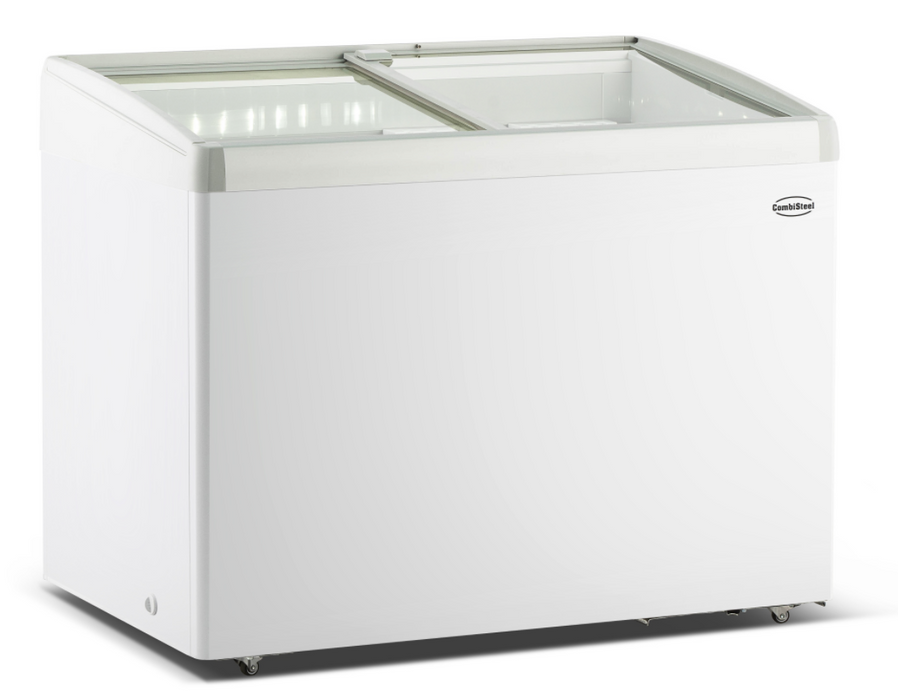 White Combisteel LOTTE 336L chest freezer with curved glass lid and two internal baskets