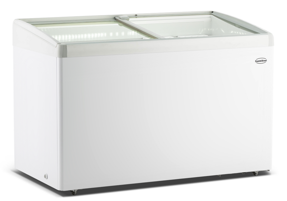 White Combisteel LOTTE-396 chest freezer with glass sliding lid and LED interior lighting
