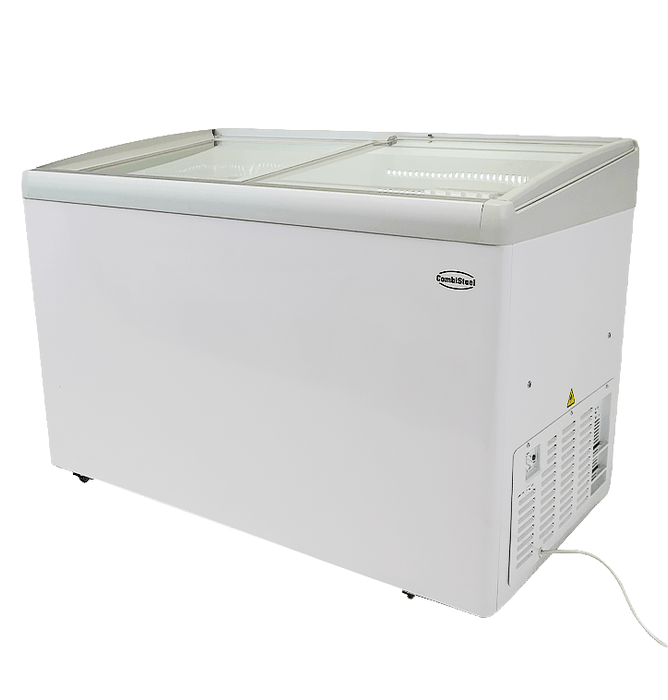 White Combisteel LOTTE-396 chest freezer with glass sliding lid and LED interior lighting view 3