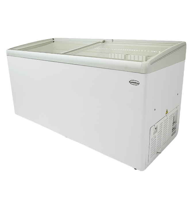 White Combisteel chest freezer with curved glass lid and three internal baskets view 4