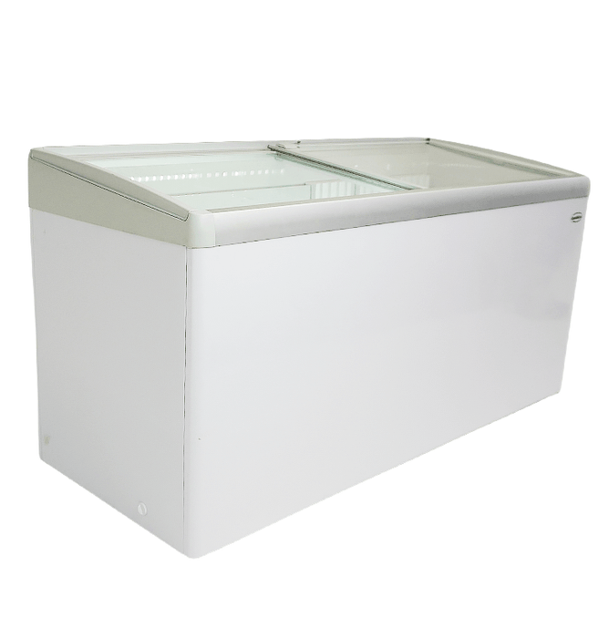 White Combisteel chest freezer with curved glass lid and three internal baskets view 5