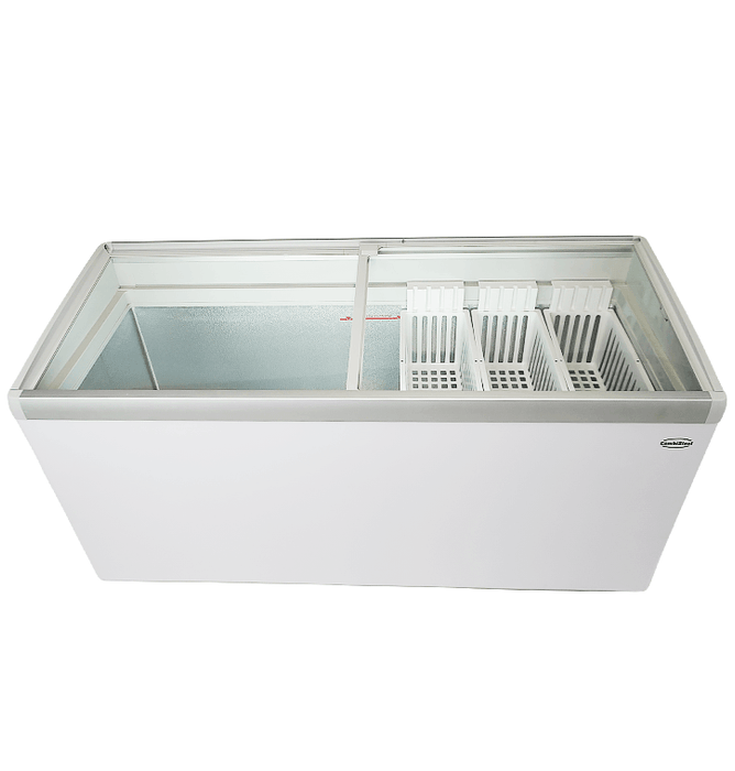 White Combisteel chest freezer with curved glass lid and three internal baskets view 6