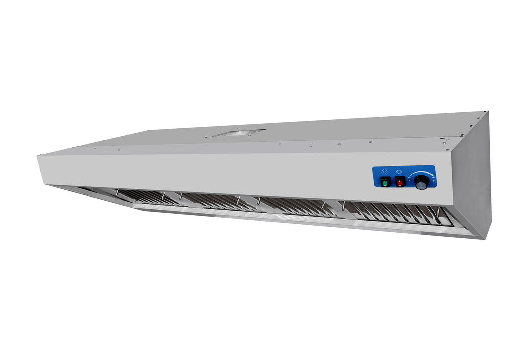 Stainless steel wall-mounted slanted extractor hood with LED lighting and filters view 2
