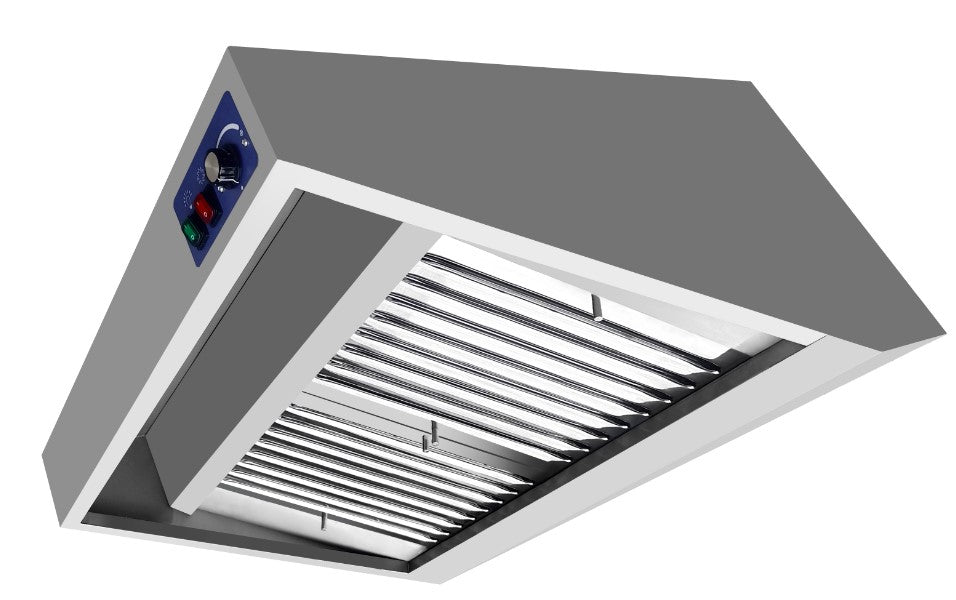 Stainless steel wall-mounted kitchen extraction hood with LED lighting and dual filters