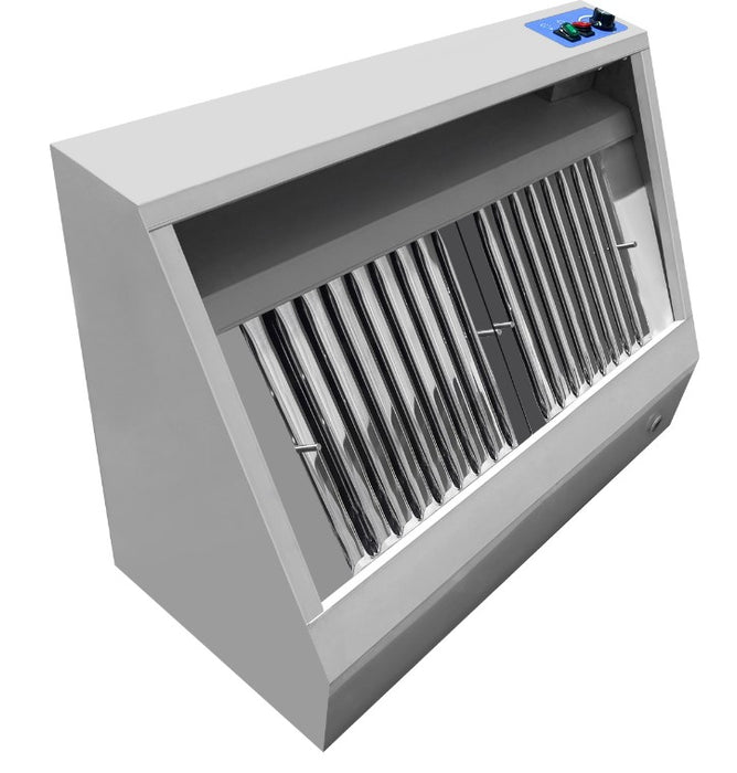 Stainless steel wall-mounted kitchen extraction hood with LED lighting and dual filters view 2