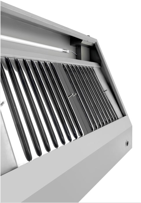 Stainless steel wall-mounted kitchen extraction hood with LED lighting and dual filters view 3