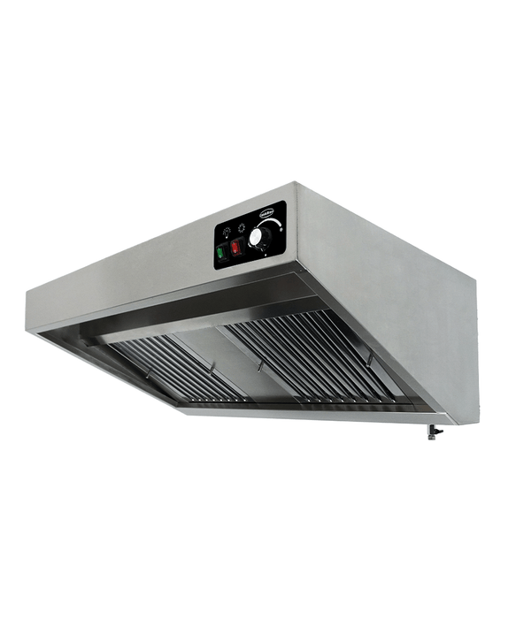 Stainless steel wall-mounted kitchen extraction hood with LED lighting and dual filters view 4