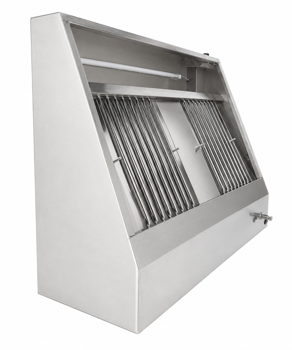 Stainless steel wall-mounted kitchen extraction hood with LED lighting and dual filters view 5
