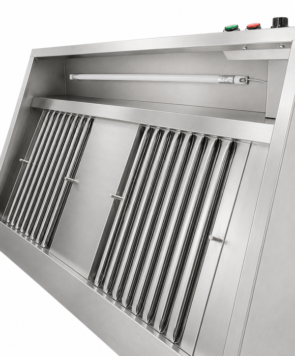 Stainless steel wall-mounted kitchen extraction hood with LED lighting and dual filters view 6