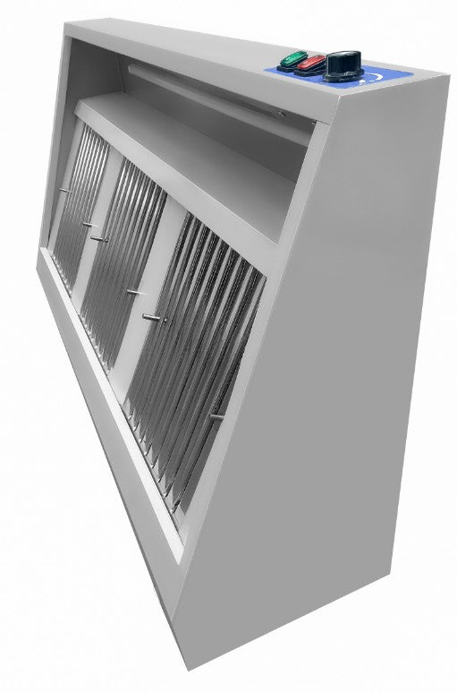 Stainless steel wall-mounted slanted extractor hood with LED lighting view 2