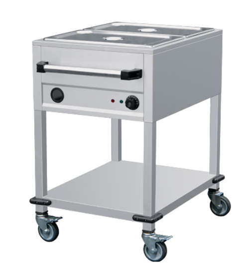 Stainless steel mobile bain-marie trolley with two gastronorm pan wells and castors