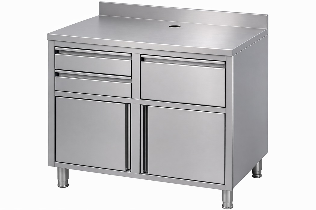 Stainless steel coffee worktable with storage space, 1250mm wide x 600mm deep