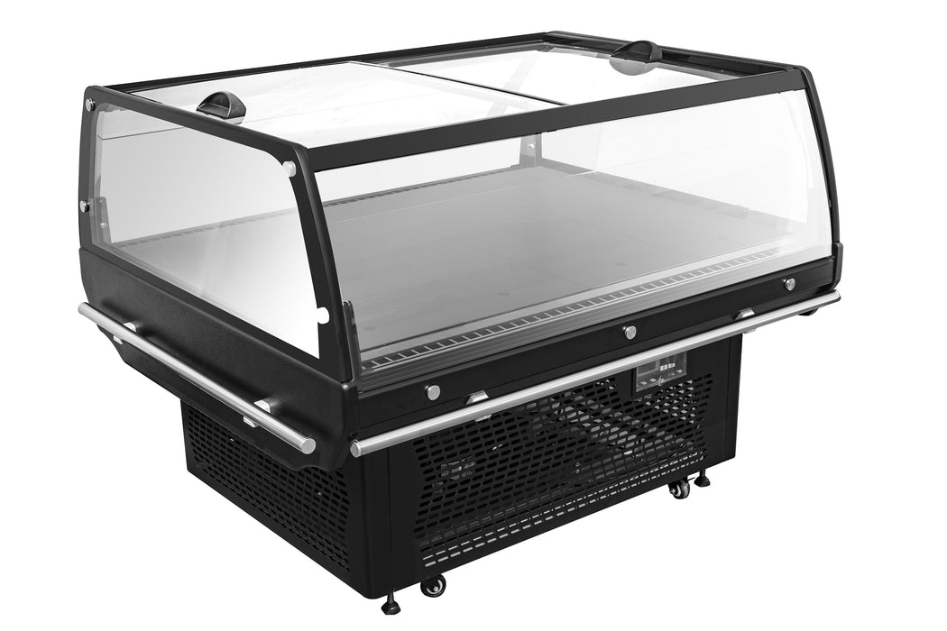 Black freestanding refrigerated display island with straight glass cover and mobile wheels