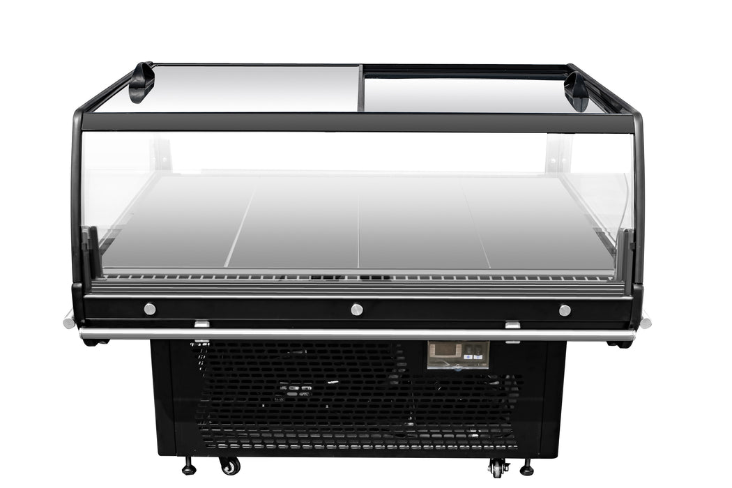 Black freestanding refrigerated display island with straight glass cover and mobile wheels view 2