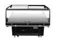 Black freestanding refrigerated display island with straight glass cover and mobile wheels view 2