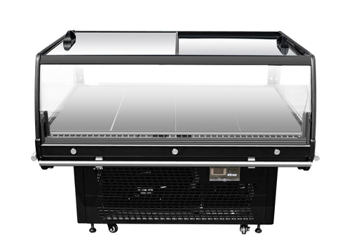 Black freestanding refrigerated display island with straight glass cover and mobile wheels view 2