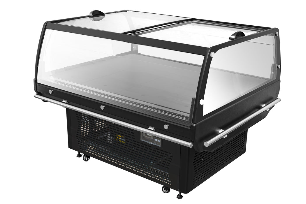 Black freestanding refrigerated display island with straight glass cover and mobile wheels view 3