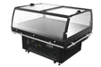 Black freestanding refrigerated display island with straight glass cover and mobile wheels view 3