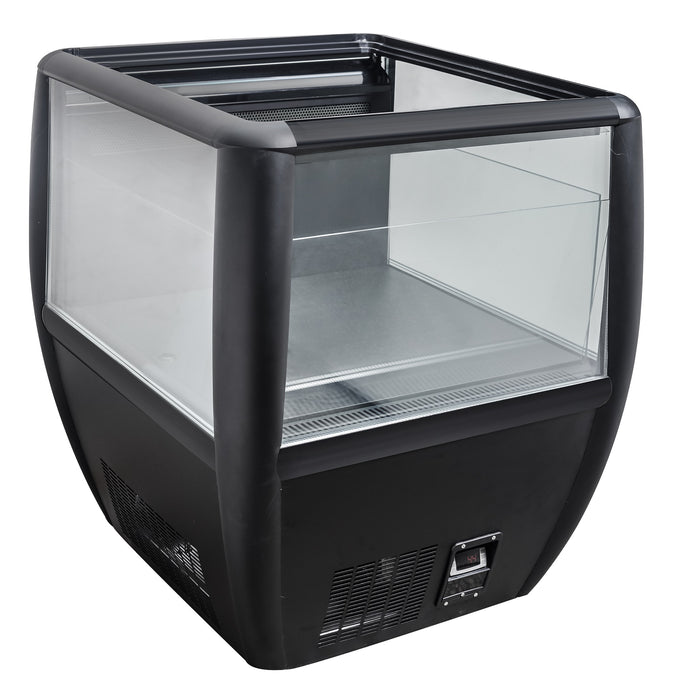 Black countertop refrigerated display island with straight glass front and LED lighting