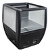 Black countertop refrigerated display island with straight glass front and LED lighting