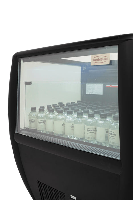 Black countertop refrigerated display island with straight glass front and LED lighting view 5