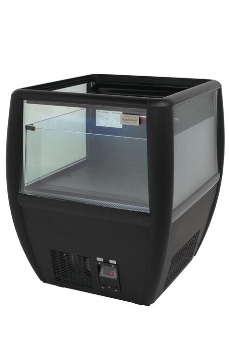 Black countertop refrigerated display island with straight glass front and LED lighting view 2