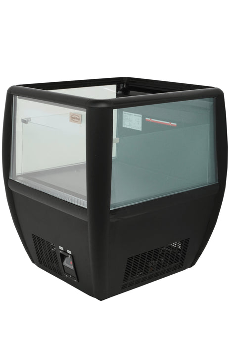 Black countertop refrigerated display island with straight glass front and LED lighting view 3