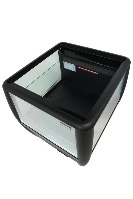 Black countertop refrigerated display island with straight glass front and LED lighting view 4