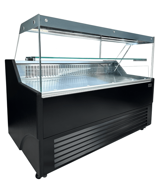 Black and stainless steel ventilated display fridge with straight glass window and LED lighting