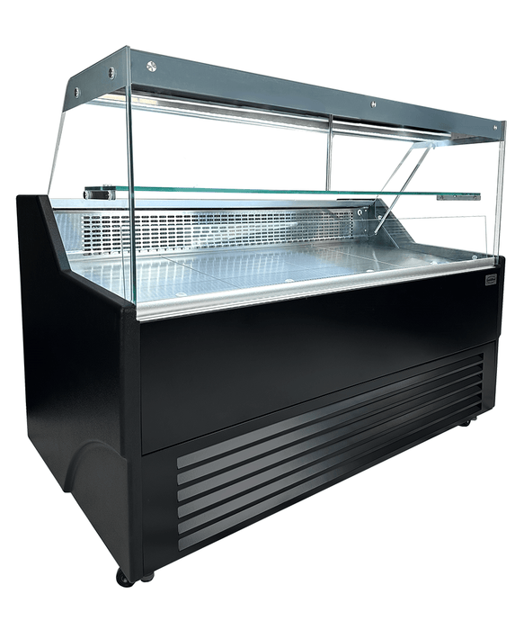 Black and stainless steel ventilated display fridge with straight glass window and LED lighting