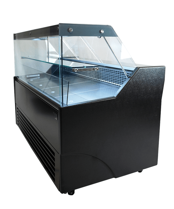 Black front and anthracite sides countertop cold display unit with straight glass front and LED interior lighting view 4