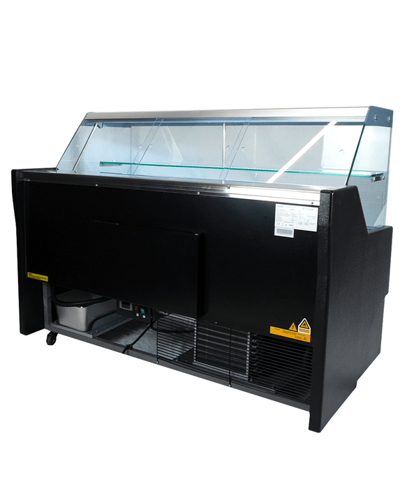 Black front and anthracite sides countertop cold display unit with straight glass front and LED interior lighting view 6