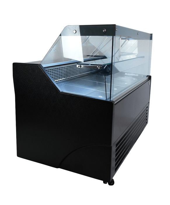 Black front and anthracite sides countertop cold display unit with straight glass front and LED interior lighting view 7